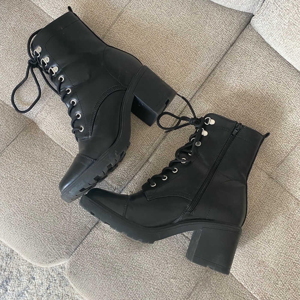 JUSTFAB Black heeled combat boots size 9